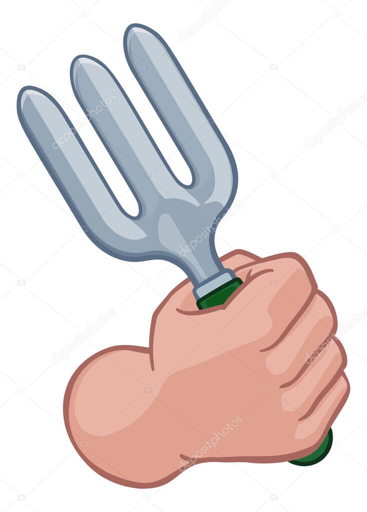 A gardener or farmer cartoon hand in a fist holding a garden fork