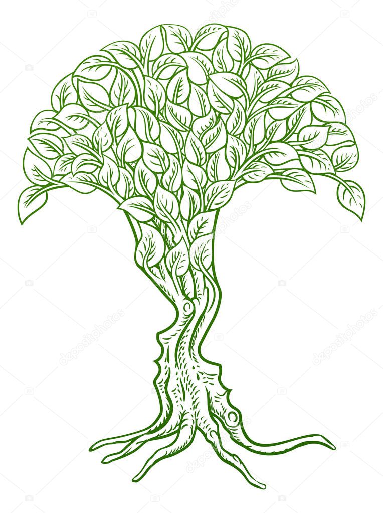 An optical illusion concept with a tree growing into the shape of two human face silhouettes, male and female
