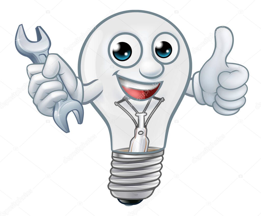 A light bulb cartoon character lightbulb mascot holding a spanner or wrench and giving thumbs up