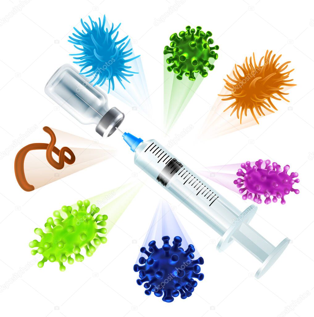 A syringe injection and medicine vial bottle deflecting bacteria or virus cells. Medical concept for immunization protection from a vaccine vaccination, herd immunity or other.