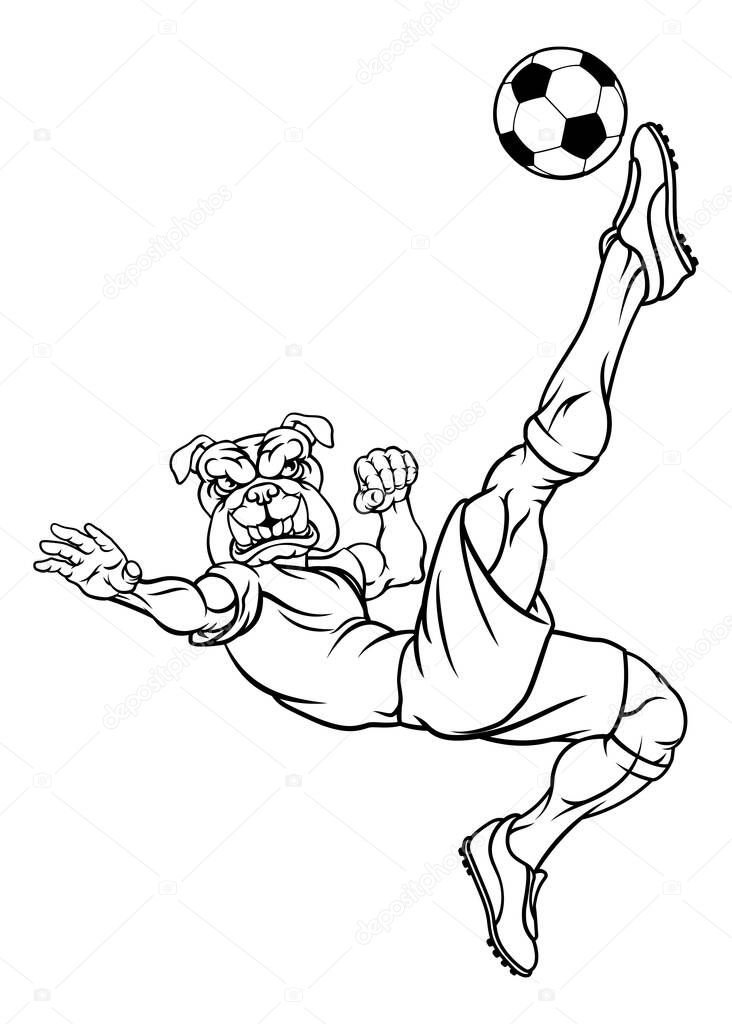 A bulldog soccer football player cartoon animal sports mascot kicking the ball