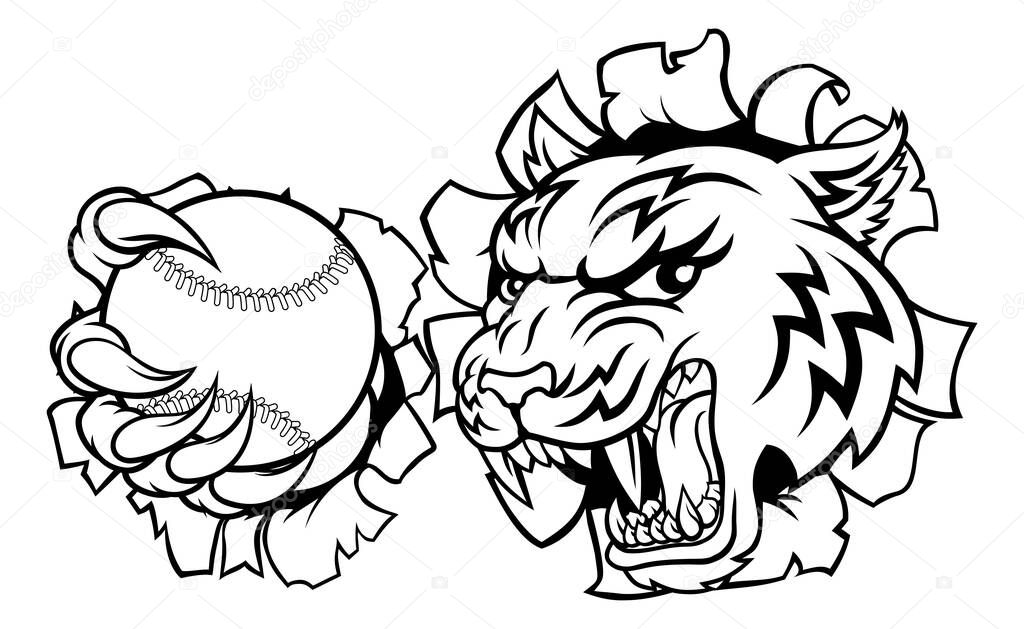 A tiger baseball player cartoon animal sports mascot holding a ball in its claw
