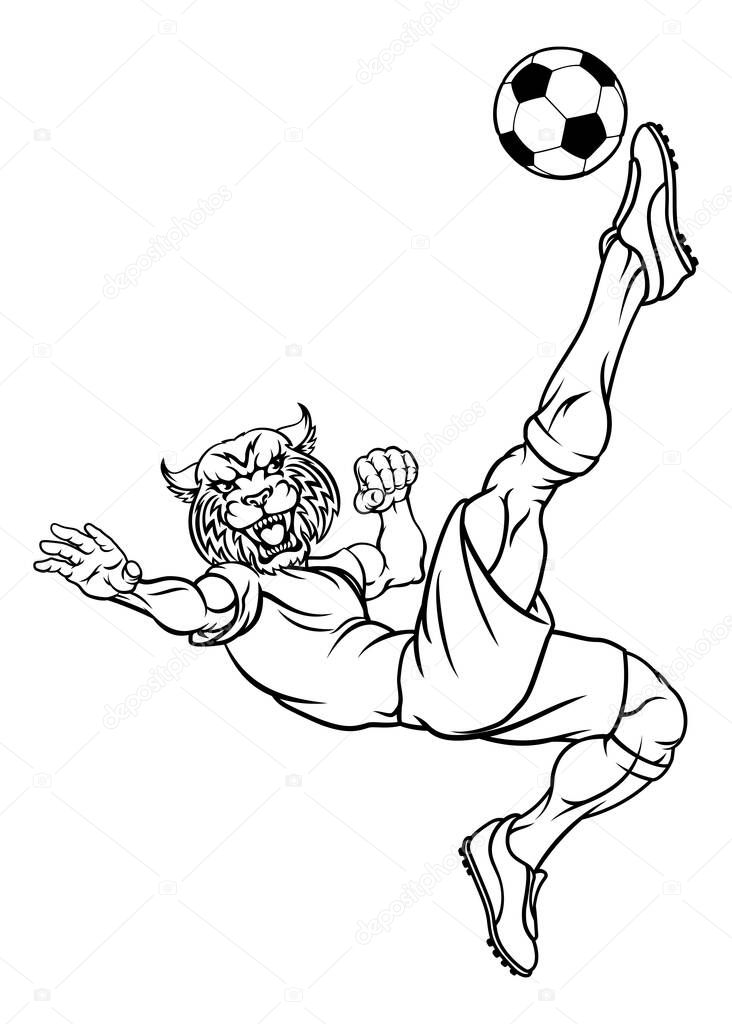 A wildcat soccer football player cartoon animal sports mascot kicking the ball