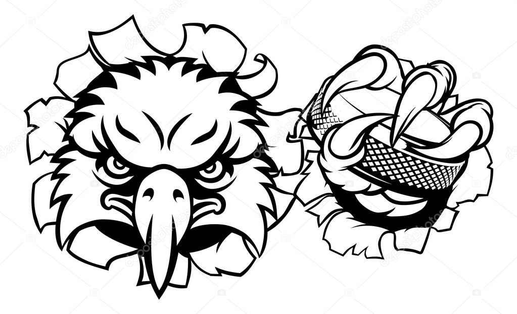 An eagle ice hockey player animal sports mascot holding a puck