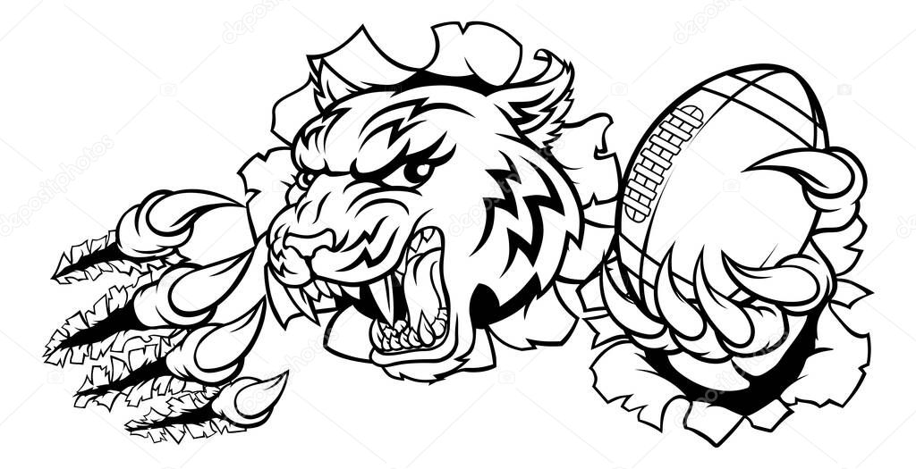 A tiger American Football player cartoon animal sports mascot holding a ball in its claw