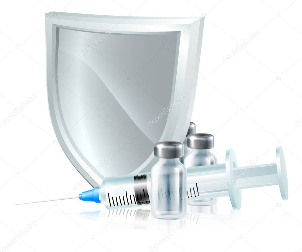 A vaccine immunisation or other medicine injection syringe with shield medical concept