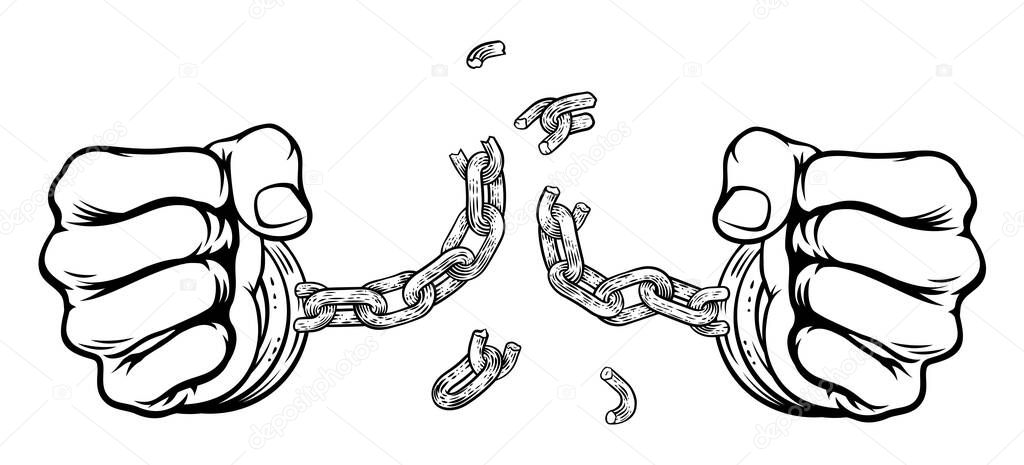 Hands in fists breaking the chain of shackle cuffs freedom concept design