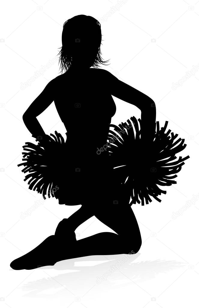 Sports cheerleader in silhouette with pompoms