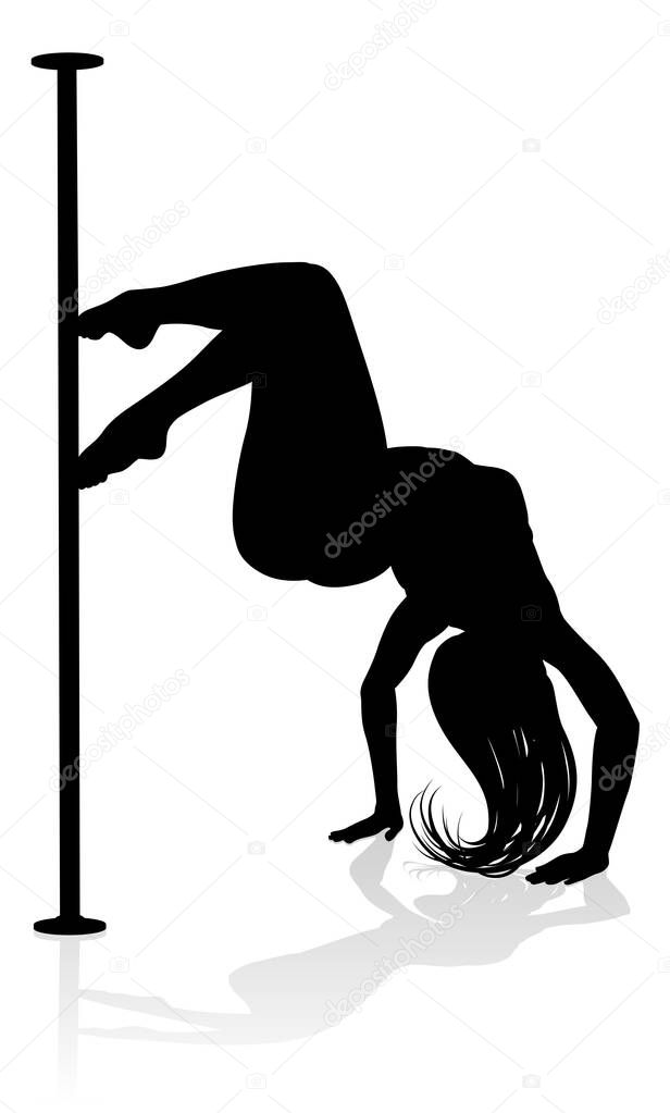 A woman pole dancer exercising for fitness in silhouette