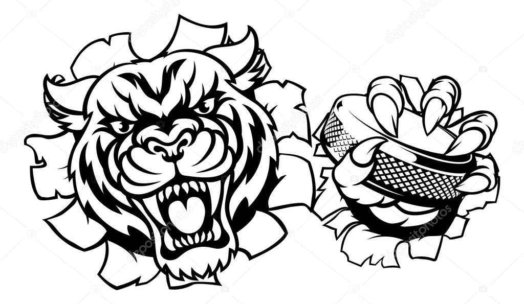 A tiger ice hockey player animal sports mascot holding a puck