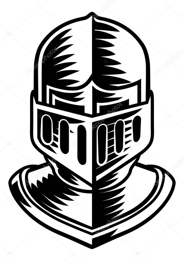 A knight helmet armor helm in a vintage woodcut etching style