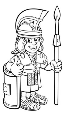 Romalı bir asker çizgi film karakteri mızrak tutuyor ve baş parmağını kaldırıyor.