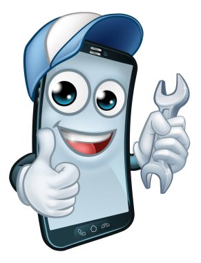 Cep telefonu onarım servisi ya da tamirci ya da tamirci olabilir. Çizgi film karakteri maskotu elinde anahtarla baş parmak işareti yapıyor..