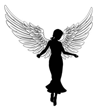 Tüy kanatlı, silueti olan uçan dişi bir melek kadın.