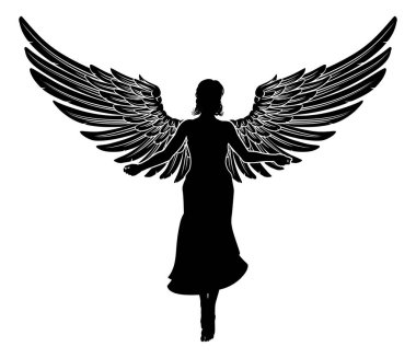 Tüy kanatlı, silueti olan uçan dişi bir melek kadın.