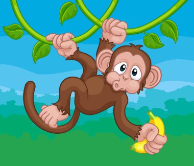 A monkey cartoon character singing on jungle vines with banana
