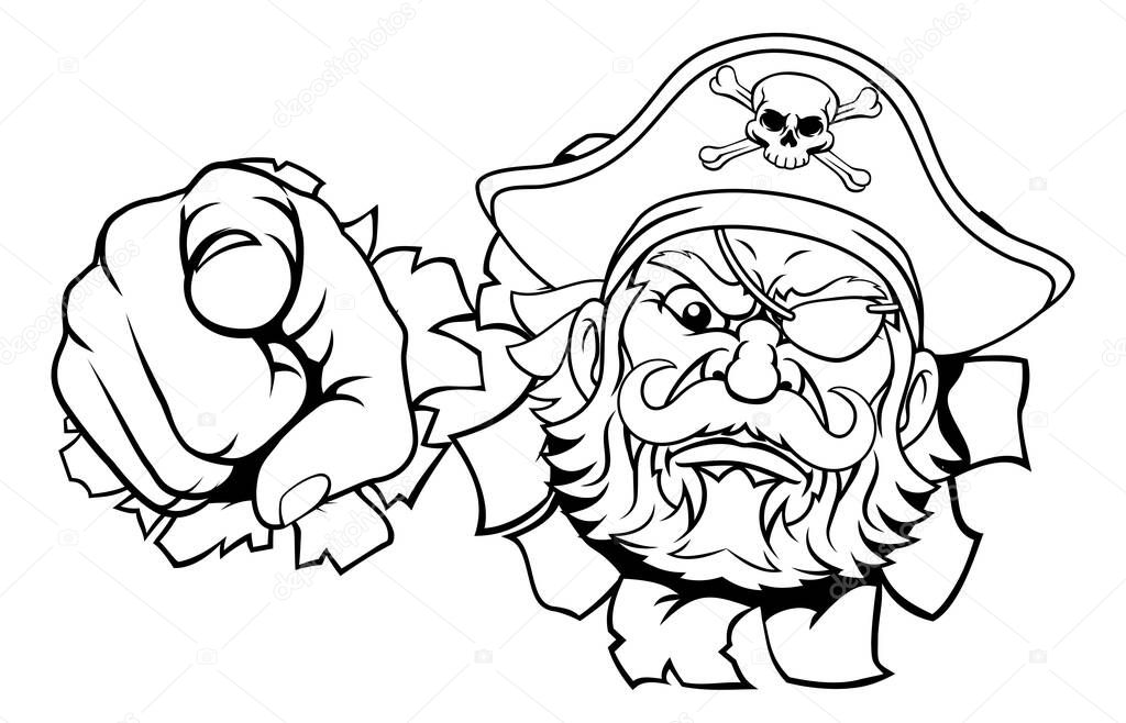 A pirate cartoon character captain mascot face with skull and crossed bones on his tricorne hat. Breaking or tearing through the background and pointing at the viewer