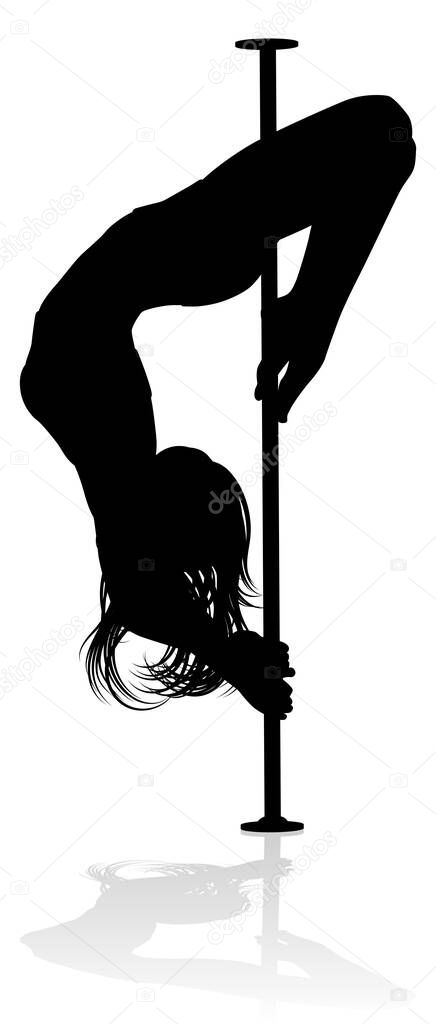 A woman pole dancer exercising for fitness in silhouette