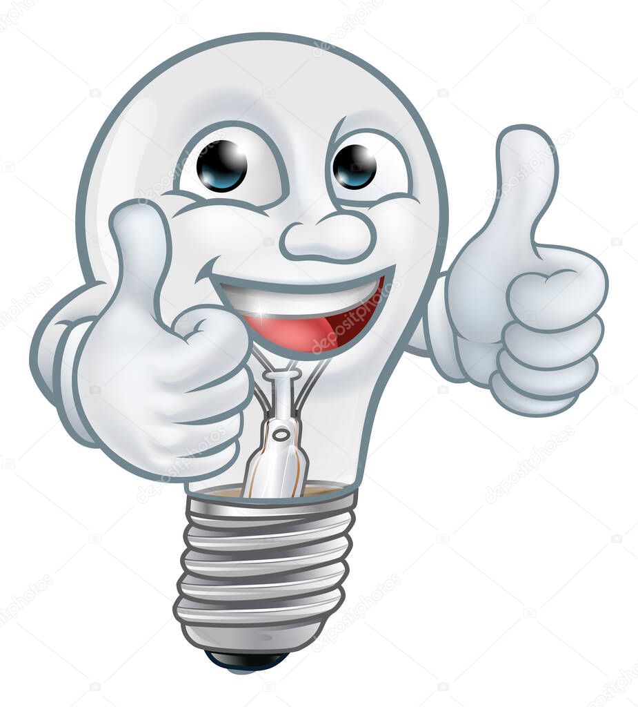 A light bulb cartoon character lightbulb mascot giving a thumbs up