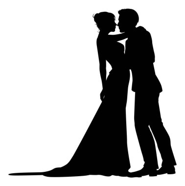 Gelin ve damat çift silueti. Gelinlikli kadın.