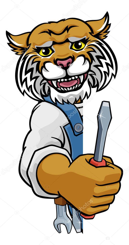 A wildcat electrician, handyman or mechanic holding a screwdriver and peeking round a sign