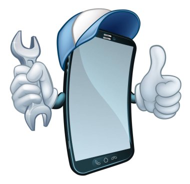 Cep telefonu onarım servisi ya da tamirci ya da tamirci olabilir. Çizgi film karakteri maskotu elinde anahtarla baş parmak işareti yapıyor..