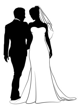 Gelin ve damat çift silueti. Gelinlikli kadın.