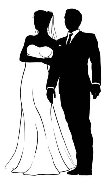 Gelin ve damat çift silueti. Gelinlikli kadın.