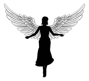 Tüy kanatlı, silueti olan uçan dişi bir melek kadın.