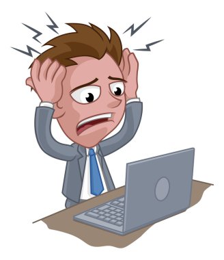 Dizüstü bilgisayarı olan stresli ve baş ağrısı olan bir iş adamı.