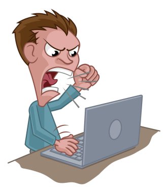 Sinirli bir adam dizüstü bilgisayara bağırıyor.