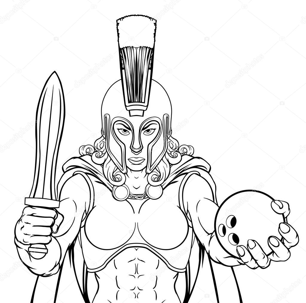A Spartan or Trojan female gladiator warrior woman ten pin bowling sports mascot