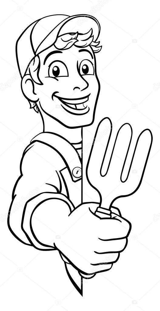 A gardener, handyman or farmer cartoon caretaker contractor man holding a garden fork tool. Peeking around a sign