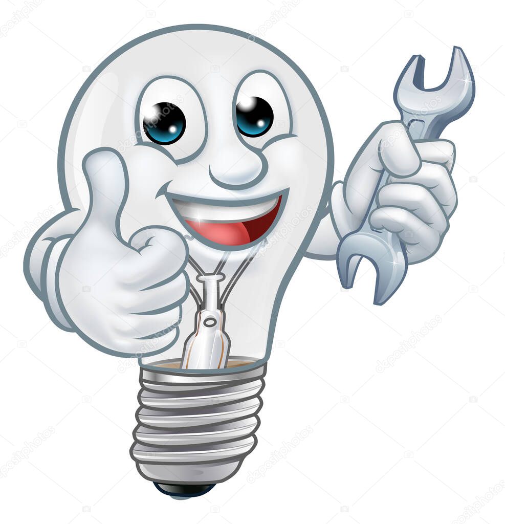 A light bulb cartoon character lightbulb mascot holding a spanner or wrench and giving thumbs up