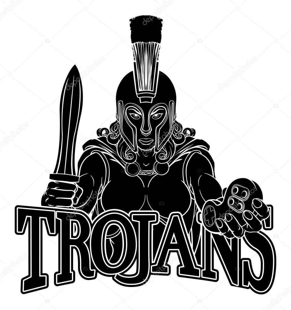 A Spartan or Trojan woman or gladiator female warrior gamer mascot with video games controller