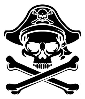 Bir korsan kafatası ve çapraz kemikler neşeli Roger ölüm meleği karikatürü kaptan şapkası ve göz bandı takıyor.