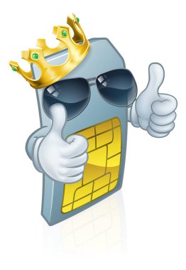 Bir cep telefonu sim kart karakter maskotu altın kral tacı takıyor ve güneş gözlükleri takıyor..