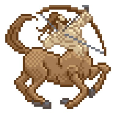 A zodiac horoscope or astrology Sagittarius centaur archer sign in a retro video game arcade 8 bit pixel art style