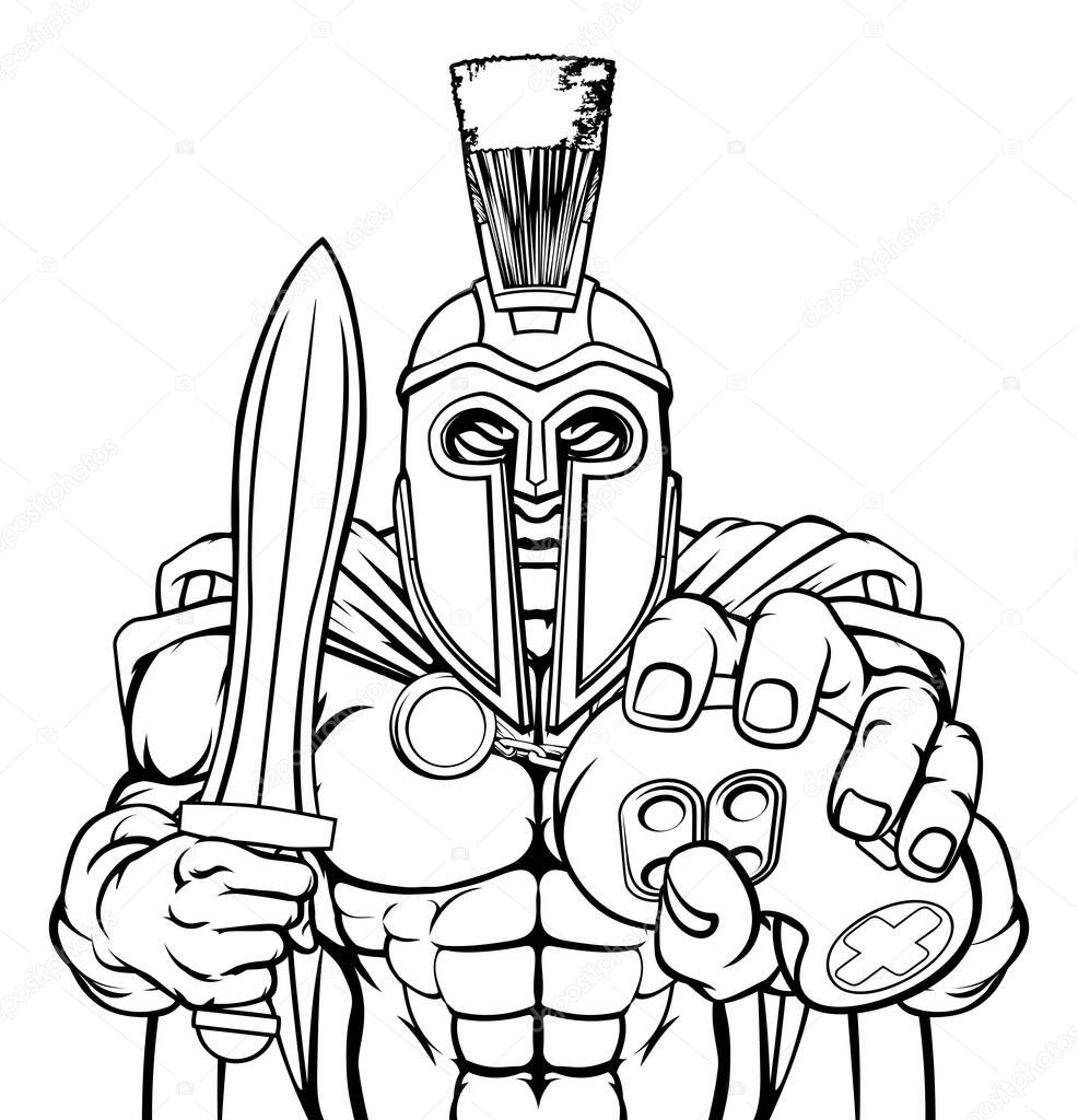 A Spartan or Trojan warrior or gladiator gamer mascot with video games controller