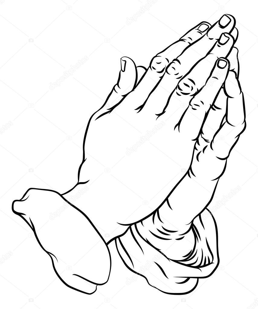 Praying hands in prayer in a comic book pop art cartoon illustration style.