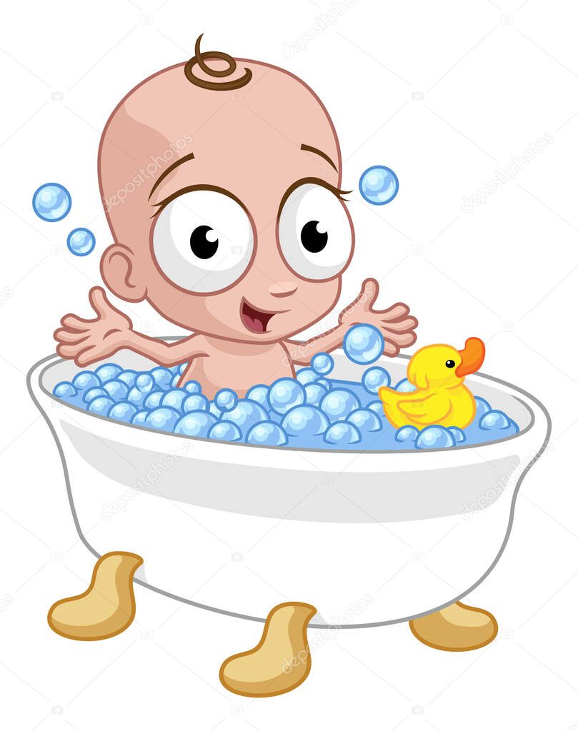 A cute cartoon baby in the bath tub with bubbles and a yellow rubber ducky duck