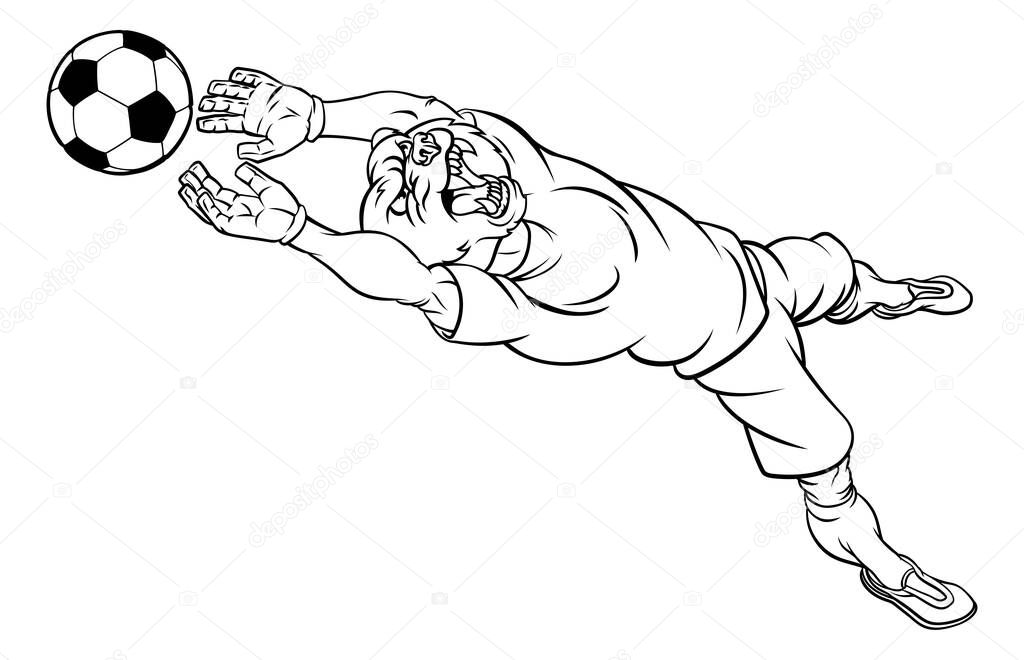 A bear soccer football player goal keeper cartoon animal sports mascot diving to catch the ball