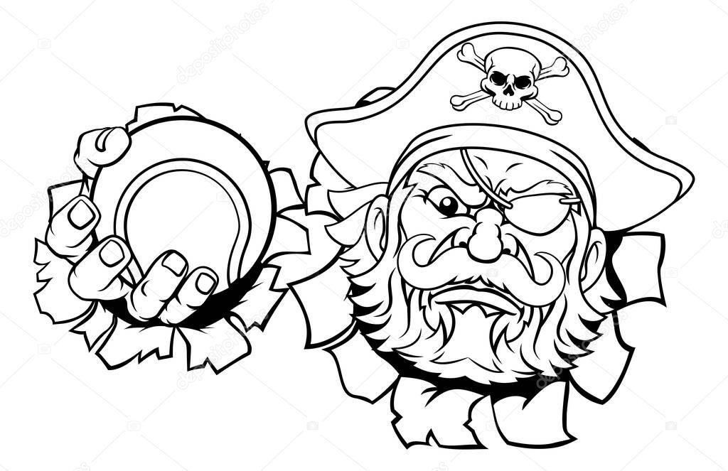 A pirate tennis sports mascot cartoon character holding a ball