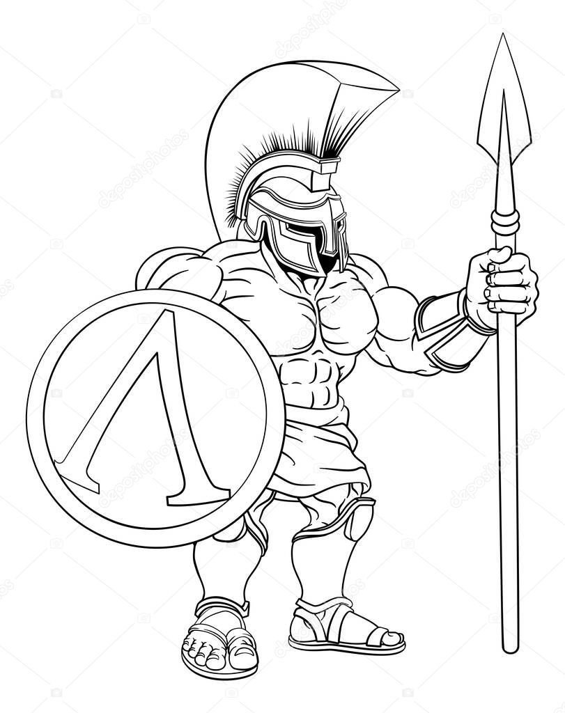 A Spartan or Tojan warrior or a Roman gladiator cartoon character in outline