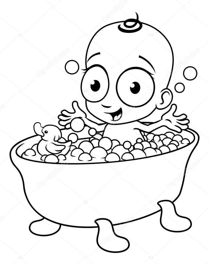 A cute cartoon teething baby happily sitting and eating baby food from his or her bowl and smiling