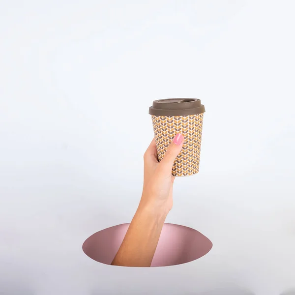 Woman Hand Hole Holding Cup Coffee Pink Blue Background High — Stock Photo, Image