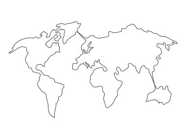 Dünya çizgisi sürekli sanat kıtaları. Dünya haritası doğrusal ögesi. Vektör beyazda izole edildi.
