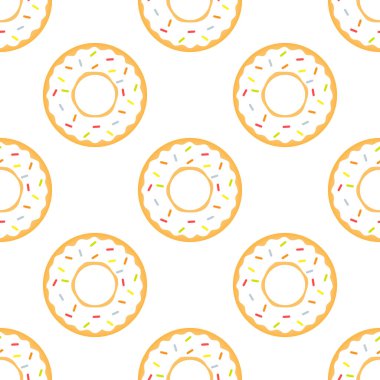 Donut kusursuz desen. Renkli konfetiyle jöleli tatlı çörek. Sağlıksız yiyecekler. Vektör illüstrasyonu beyaz arkaplanda izole edildi.