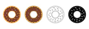 Chocolate donut collection. Color, silhouette and line donuts set. Vector illustration isolated on white. clipart