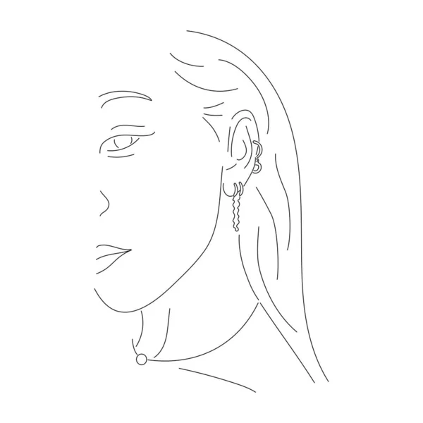 ジュエリー要素と女性ライン肖像画 イヤリング付きの線形の女の子の顔 最小限の手描きの芸術 白地に独立したベクトル図 — ストックベクタ